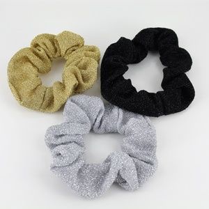 3 sparkly scrunchies ponytail holder gold silver